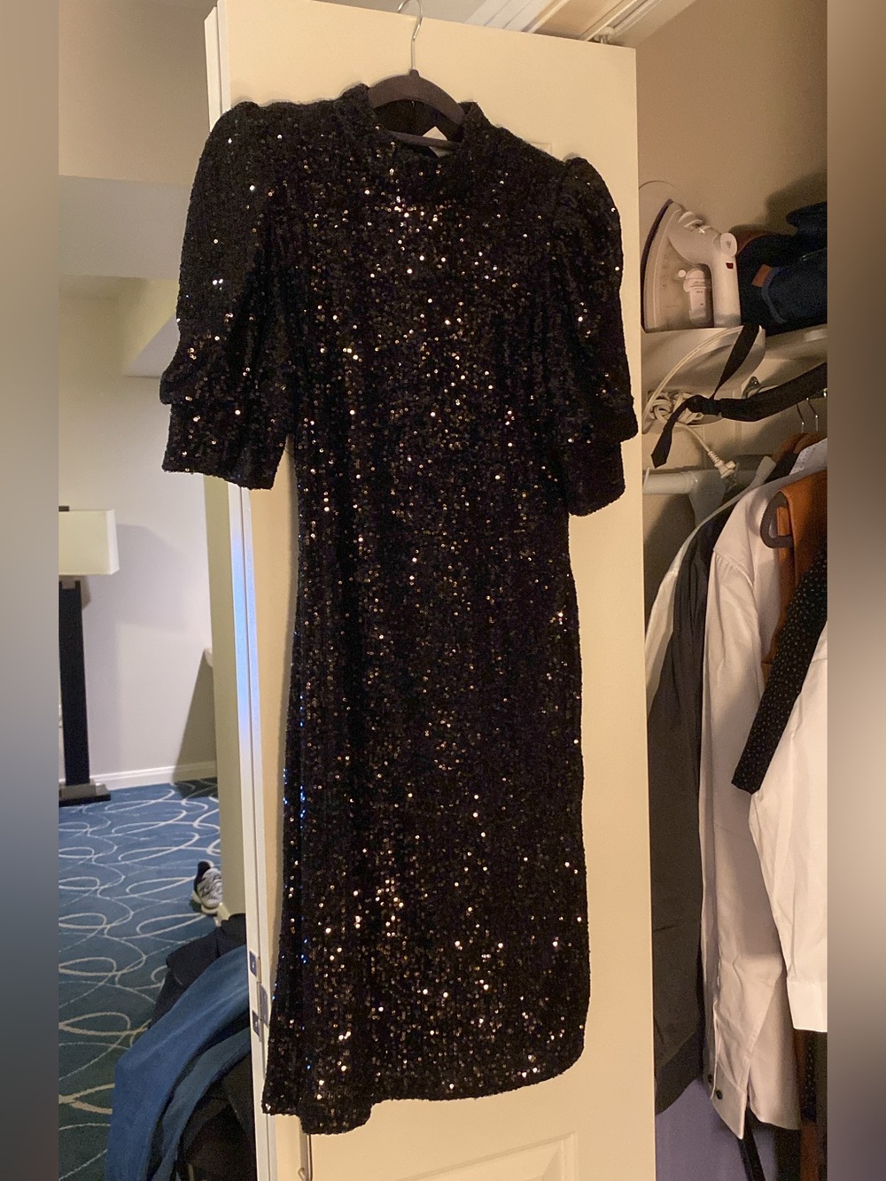 Joie Black Sequin Puff Sleeve Mini Dress